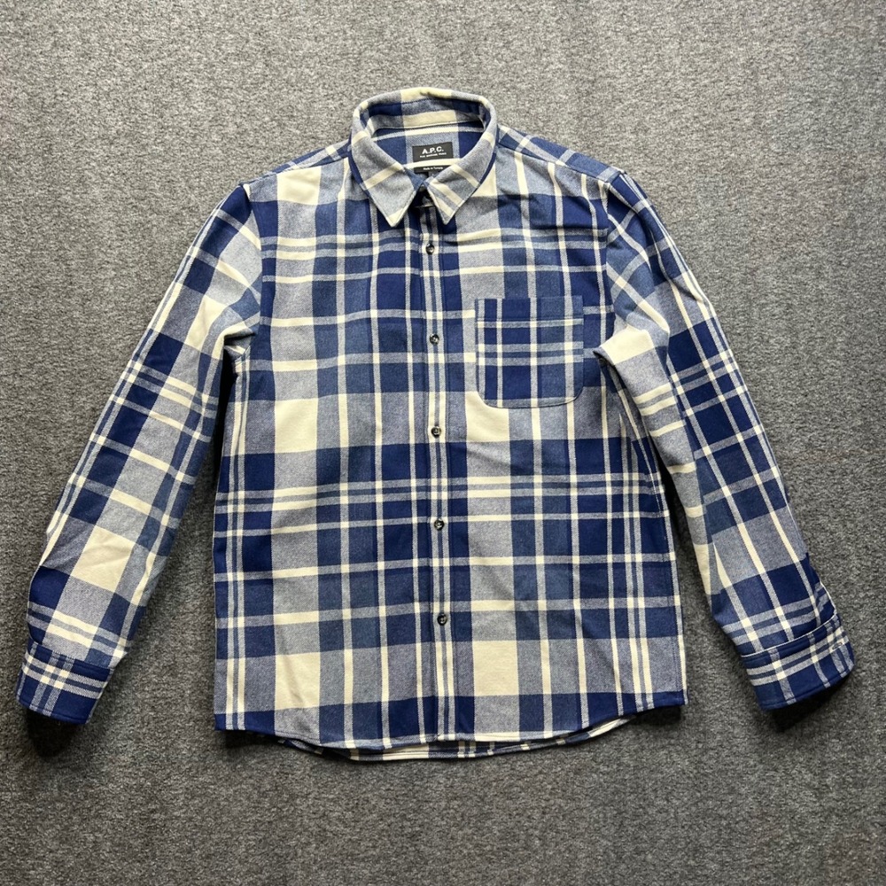 A.P.C. Button Down Shirt Mens Large Blue Plaid Wool Blend Flannel WOAMC-H02396